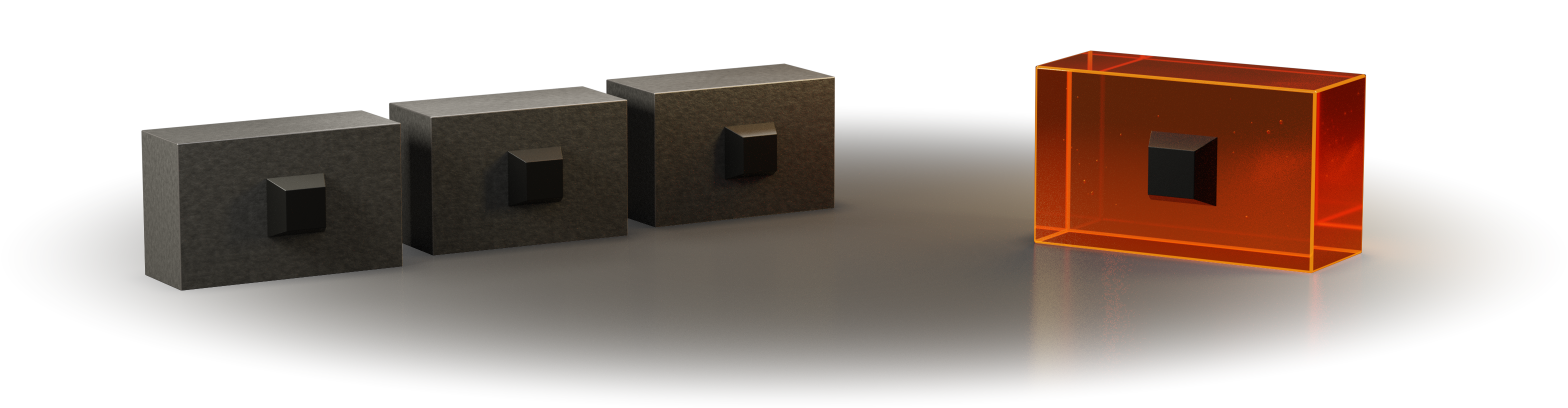 Three graphite blocks representing repeated work beside one orange resin block representing a reusable tool.